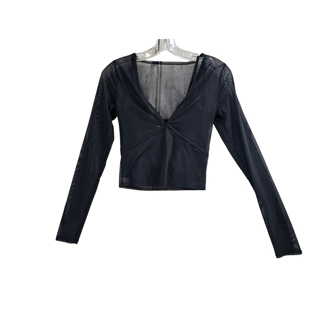 Abercrombie & Fitch Womens Black layered Mesh Long Sleeve V-Neck Crop Top XS Euc
